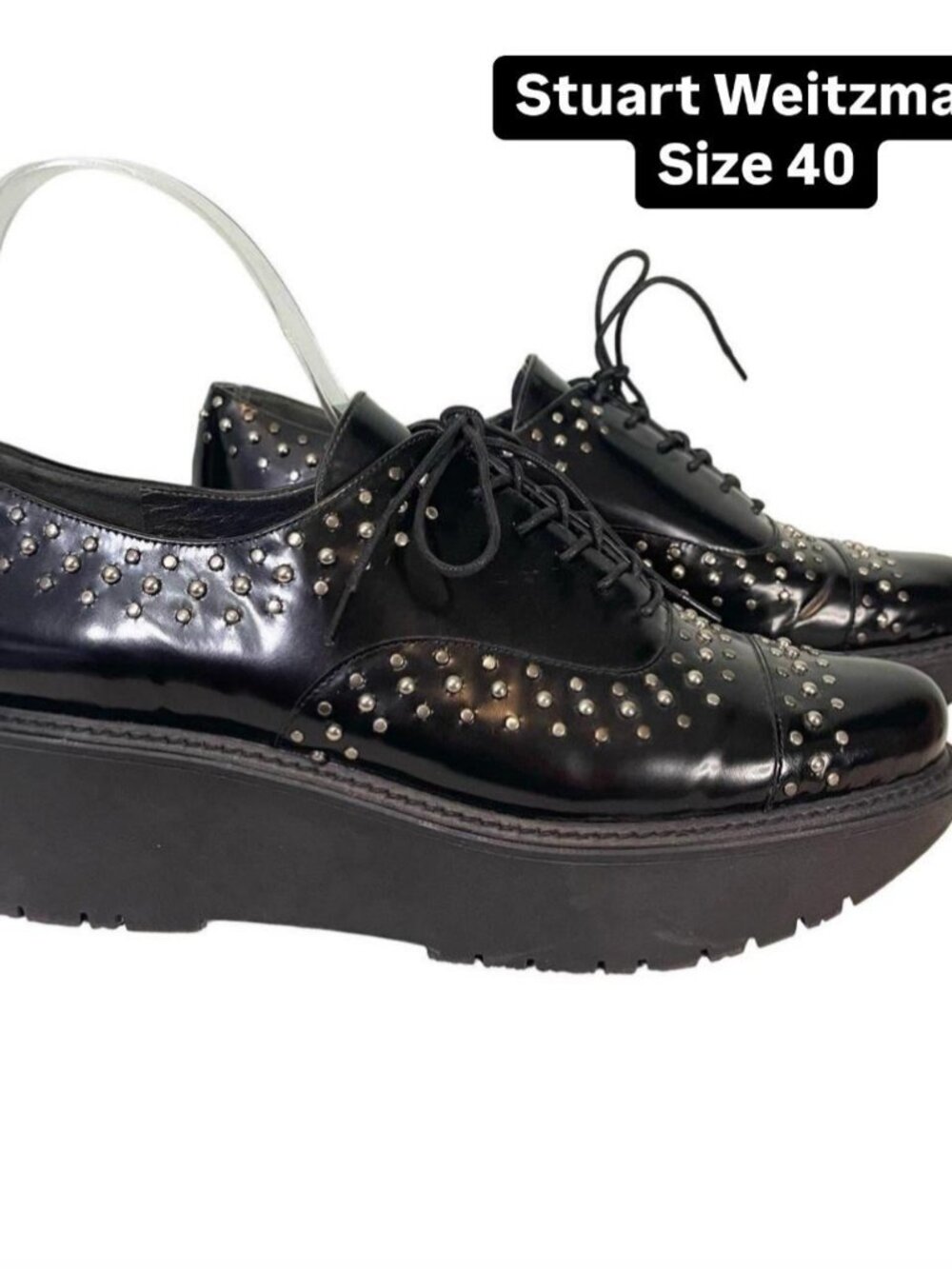 Stuart Weitzman Zealous Black Platform Oxford with Silver Studs EU 40